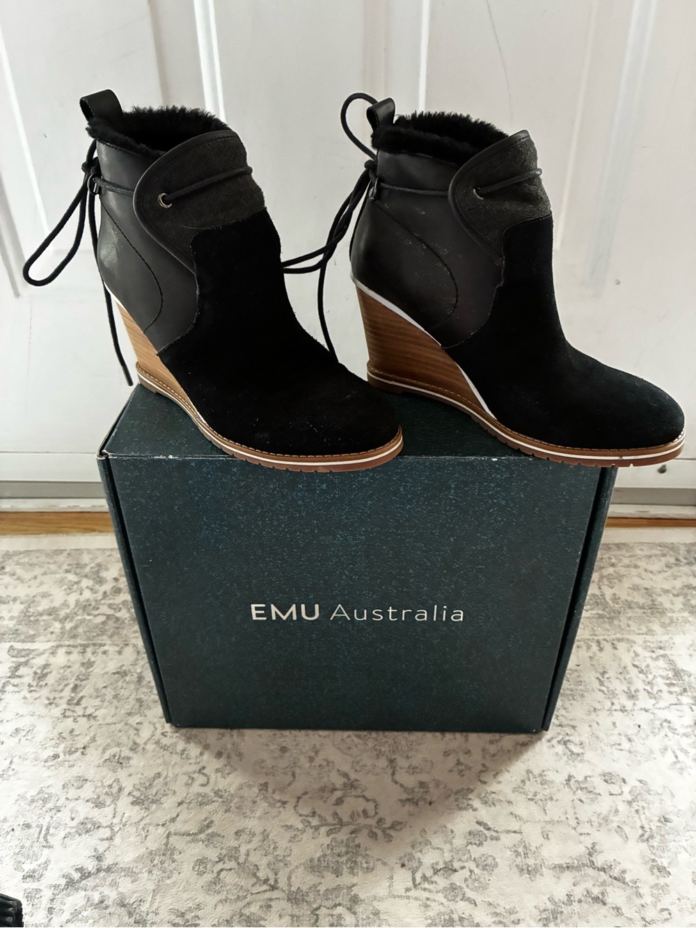 Emu Black Suede & Leather Wedge Ankle Boots